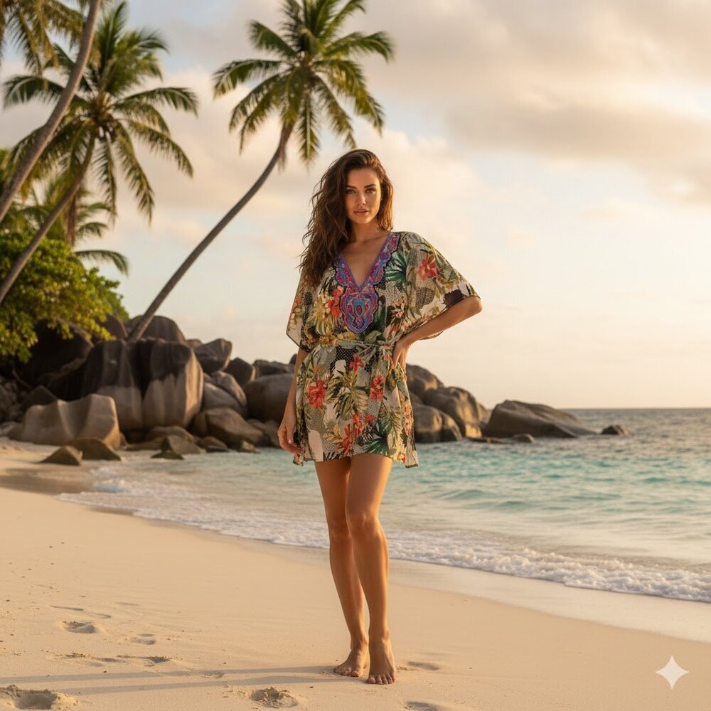 Floral Women's Swim Coverup with Embroidered Neckline